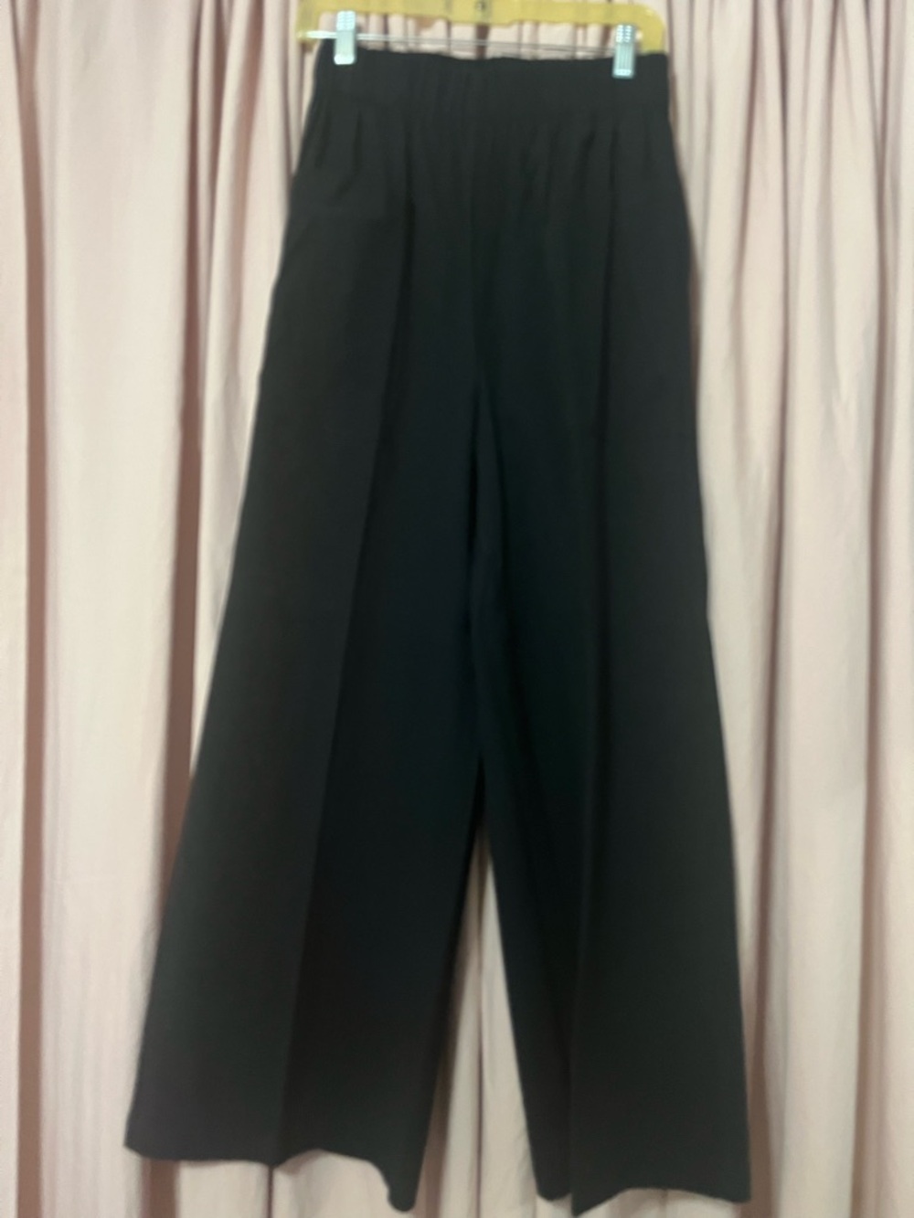Wide Leg Black Women's Pants - Wide Elastic Waist Front Pocket Details